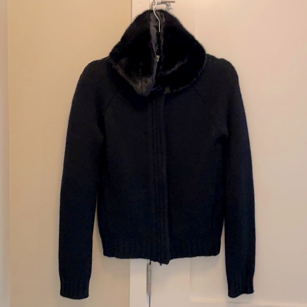 JIL SANDER, cashmere knit sweater with zip, pockets, and removable fur collar